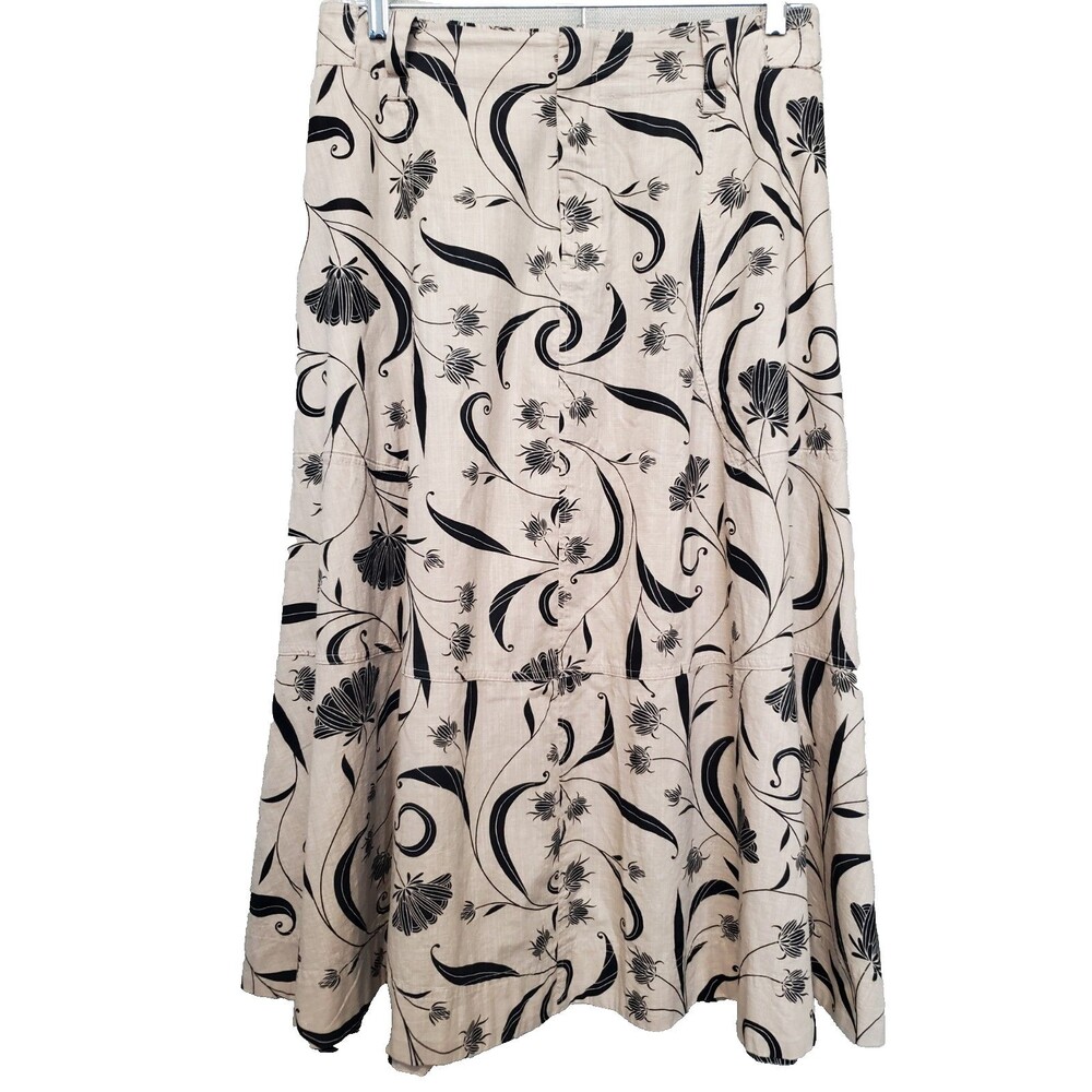 Lilla P Cotton Tan Floral Print Front-Zip A-Line Maxi Skirt Size Large